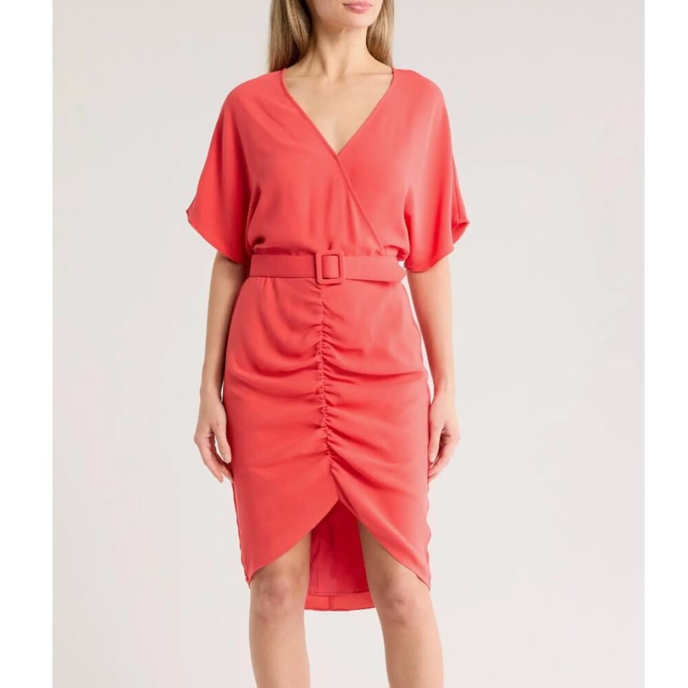 Trina Turk Zest Coral Short Sleeve Belted Faux Wrap Knee Length Dress